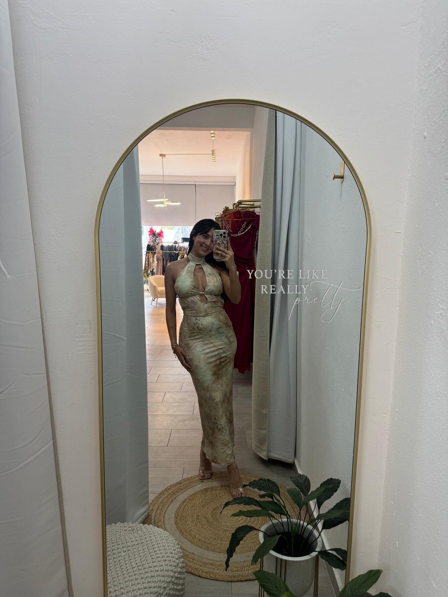 Printed Backless Halter Long Dress Khaki